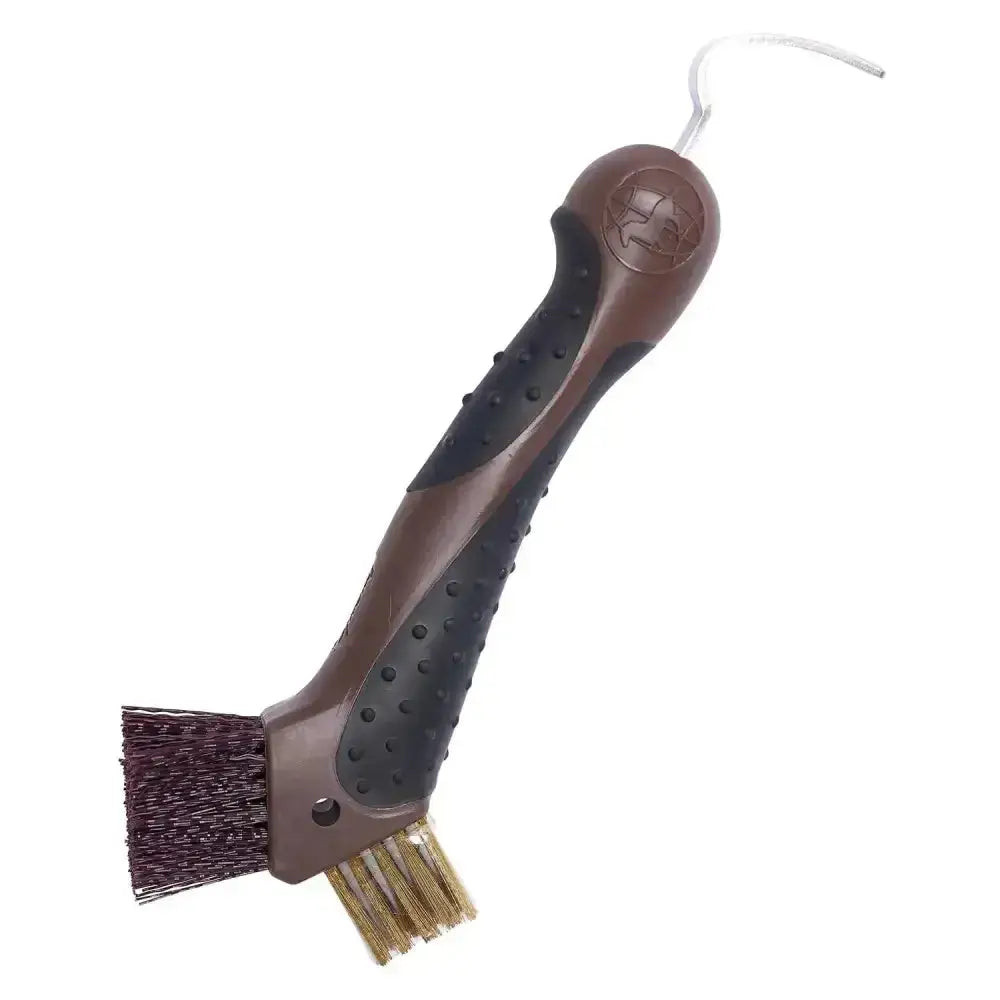 Imperial riding irhhoof pick scraper with brown and black dual bristles and curved metal hook for easy hoof cleaning