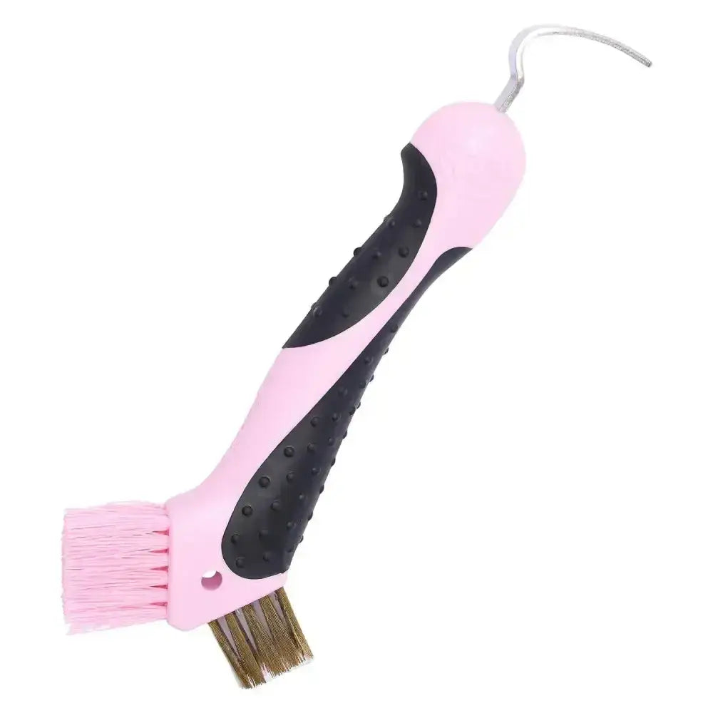 Pink and black imperial riding irhhoof pick scraper with dual-sided soft and stiff bristles and a curved hook