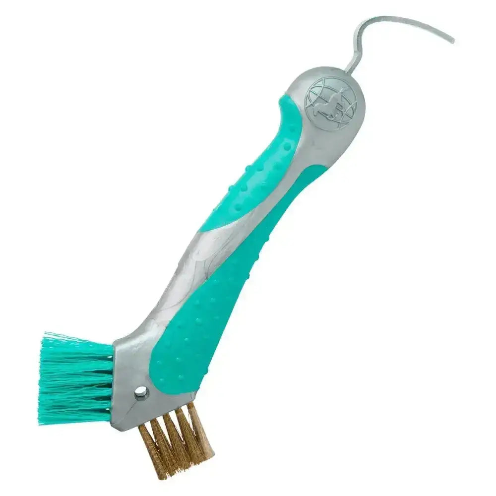 Teal and silver dual-bristle curved hook handle imperial riding irhhoof pick scraper for easy hoof cleaning