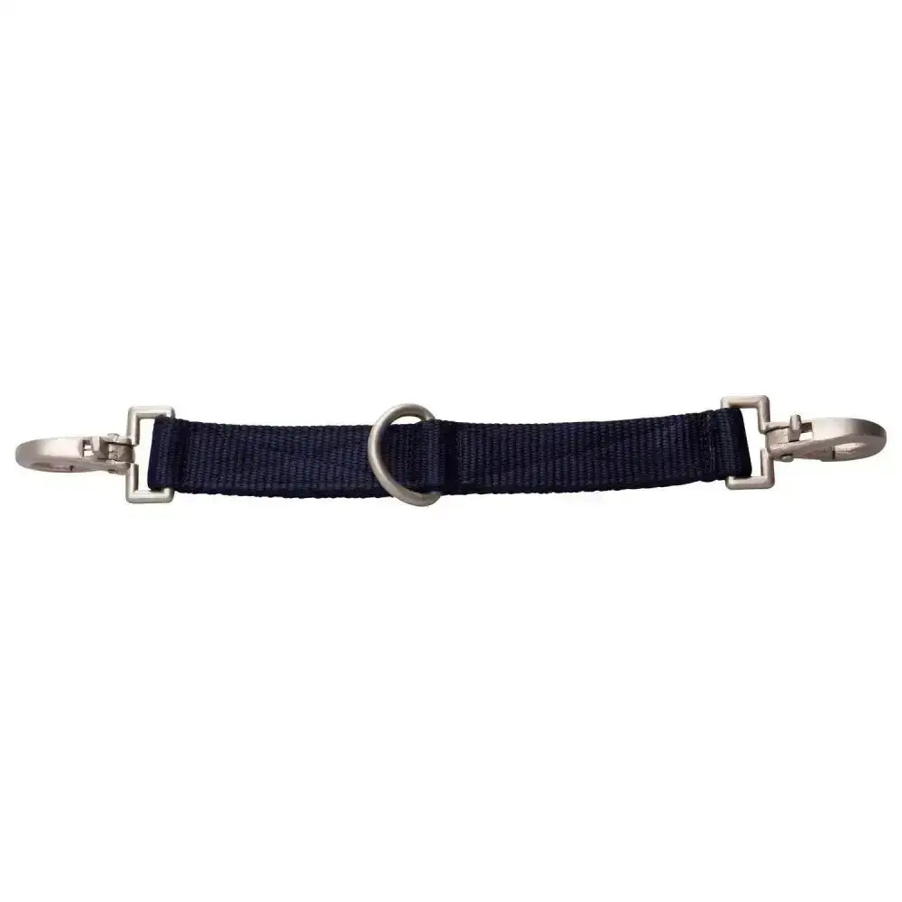 Black woven nylon imperial riding lunging girth bit strap with silver metal hardware and central d-ring