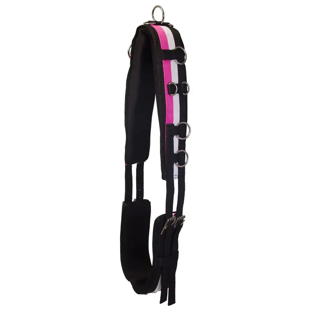 Black horse halter with pink and white striped accents and metal rings for imperial riding lunging nylon irhdeluxe neon girth