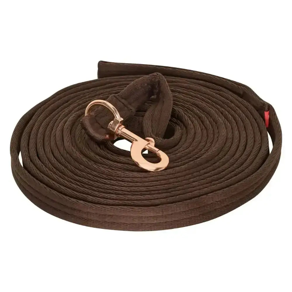 Brown braided imperial riding lunging line soft cushion web with rose gold metal clip for impulz lunge rein use