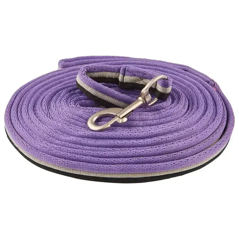 Purple woven imperial riding lunging line with silver metal clasp and black grip made of soft nylon for riding lunging
