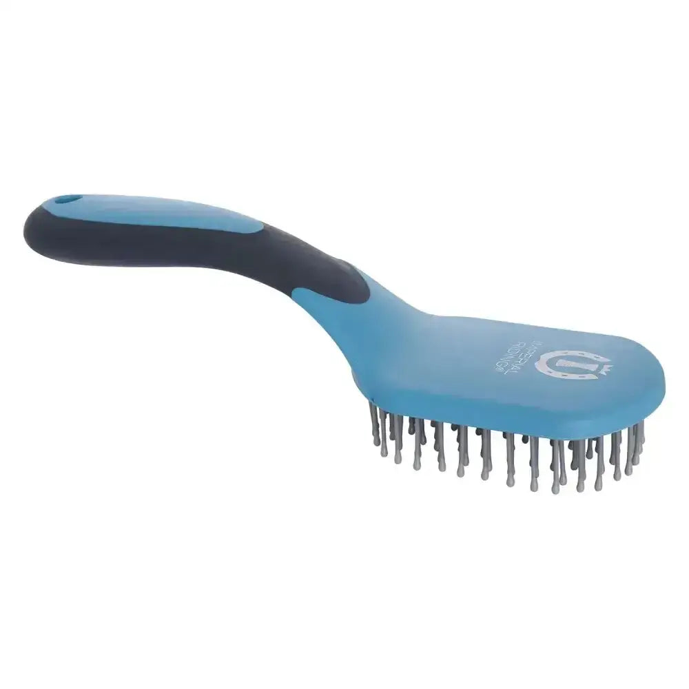 Blue and black imperial riding mane and tail brush irhboomerang with ergonomic handle and metal bristles for easy grooming