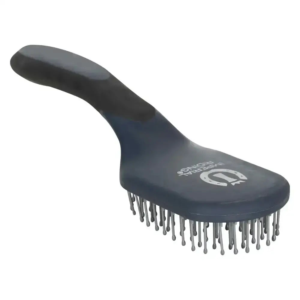 Dark gray imperial riding mane and tail brush irhboomerang with silver metal bristles and white horseshoe logo