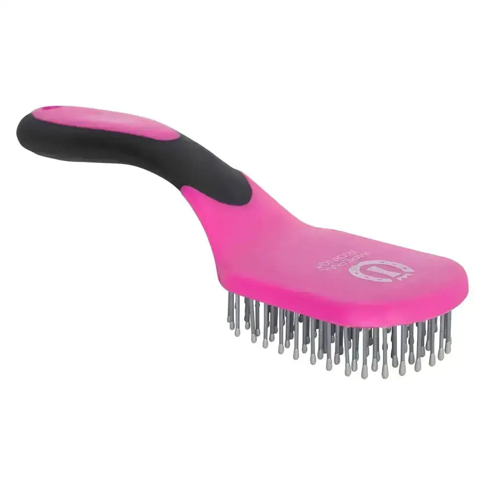 Pink and black imperial riding mane and tail brush irhboomerang with silver bristles for grooming horses