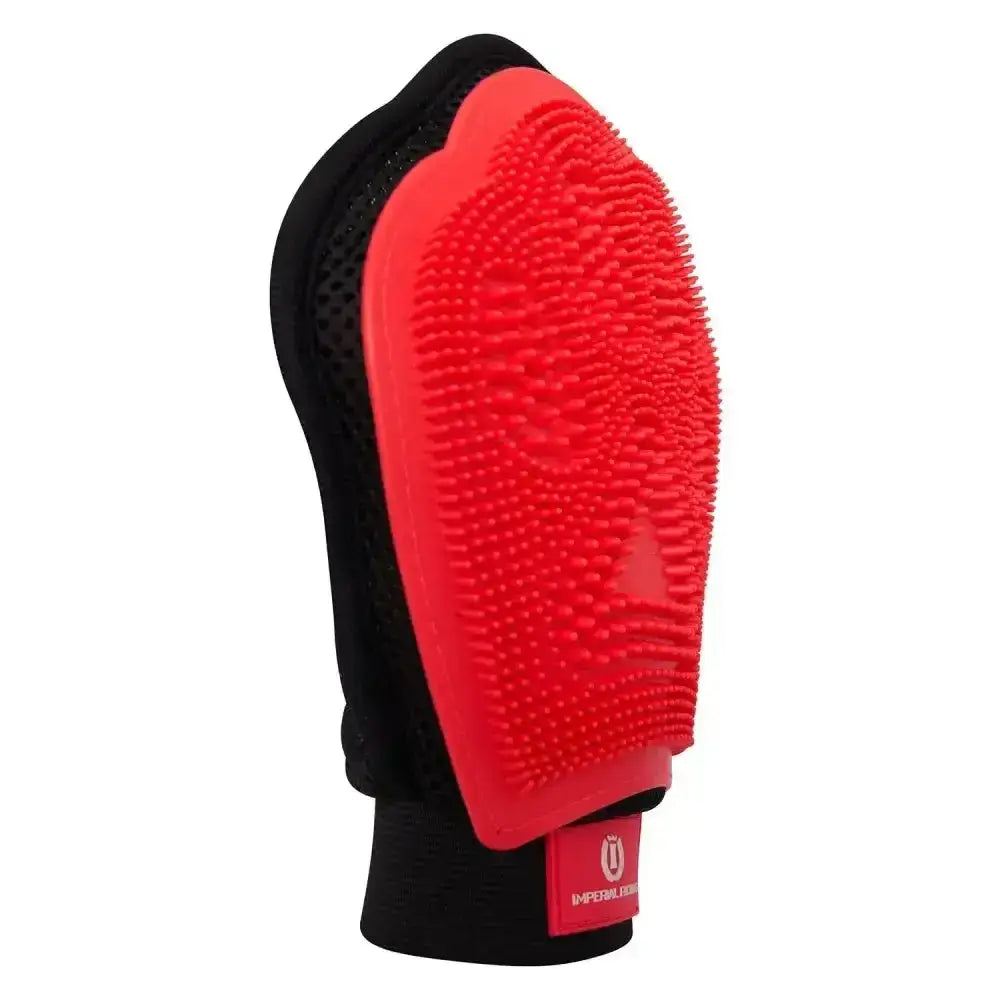 Red and black imperial riding massaging grooming glove irhstar with textured bristled surface for pet brushing
