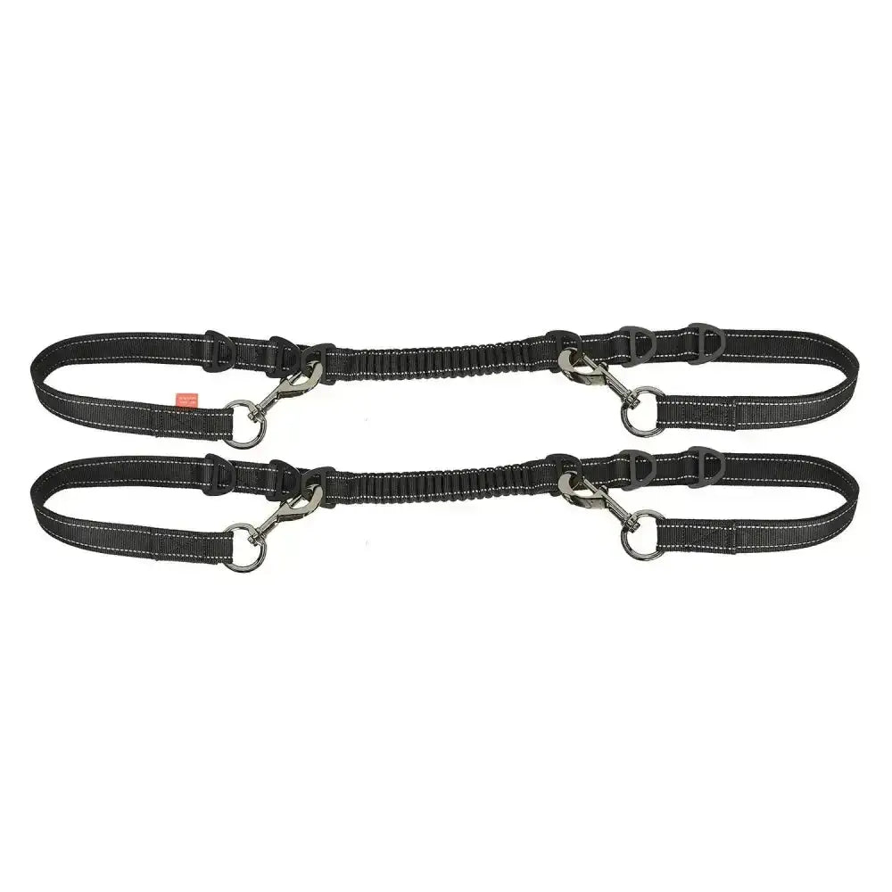 Black elastic imperial riding reins irhflexi with silver metal hardware and reflective stitching for equestrian use