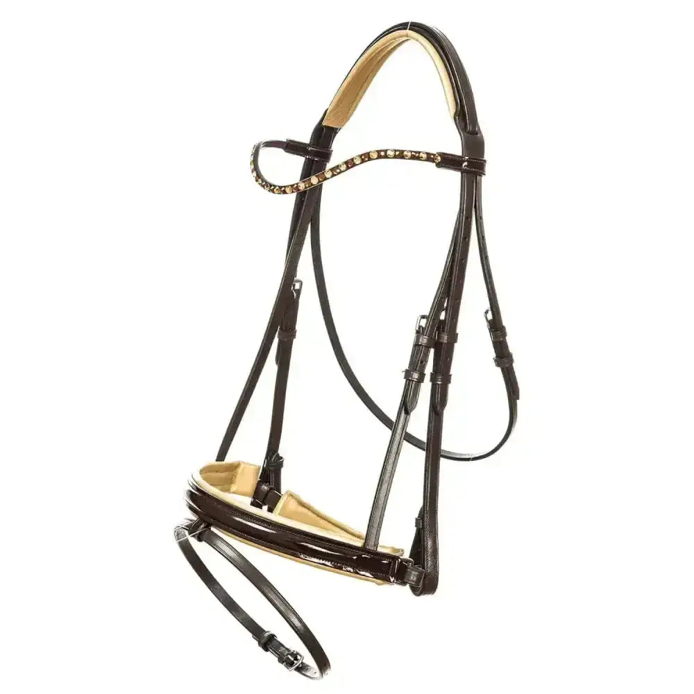 Black leather imperial riding snaffle bridle layla brown with gold studs and tan padding on browband