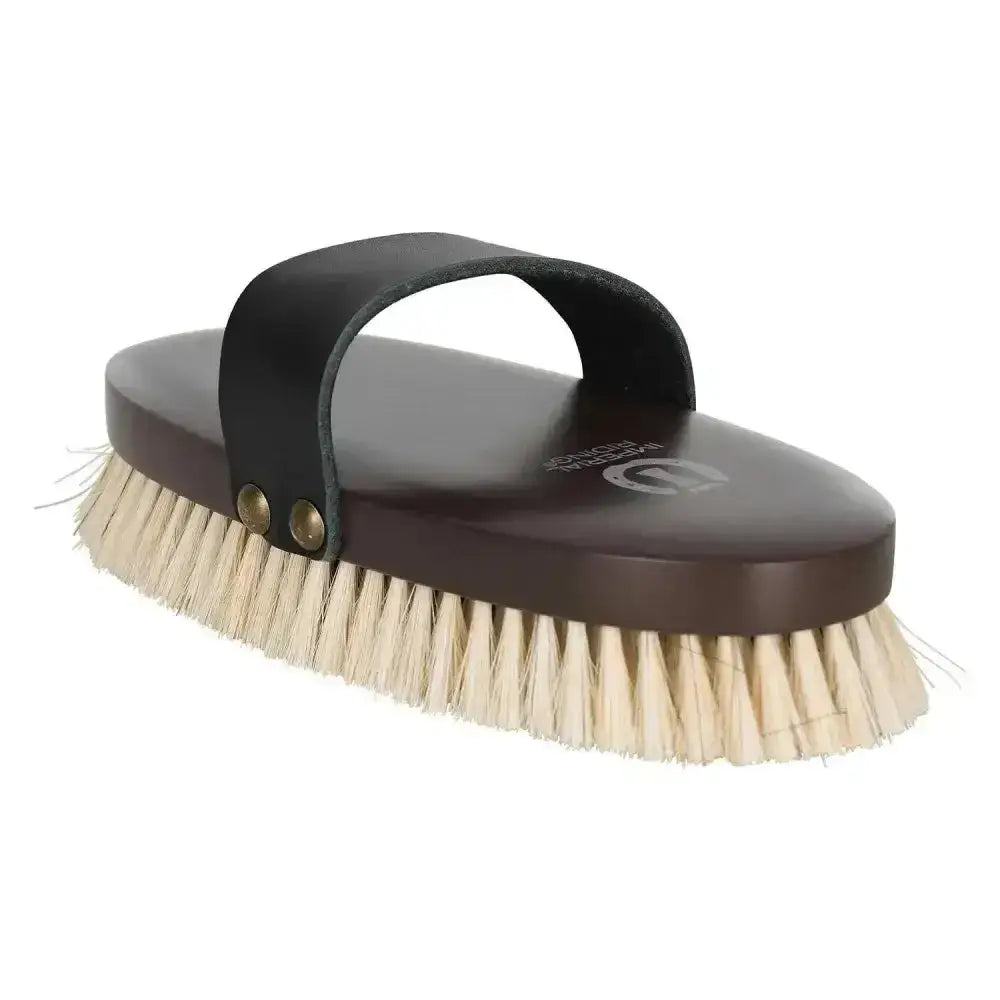 Dark brown wooden imperial riding soft brush with black leather handle and beige natural bristles for grooming horses