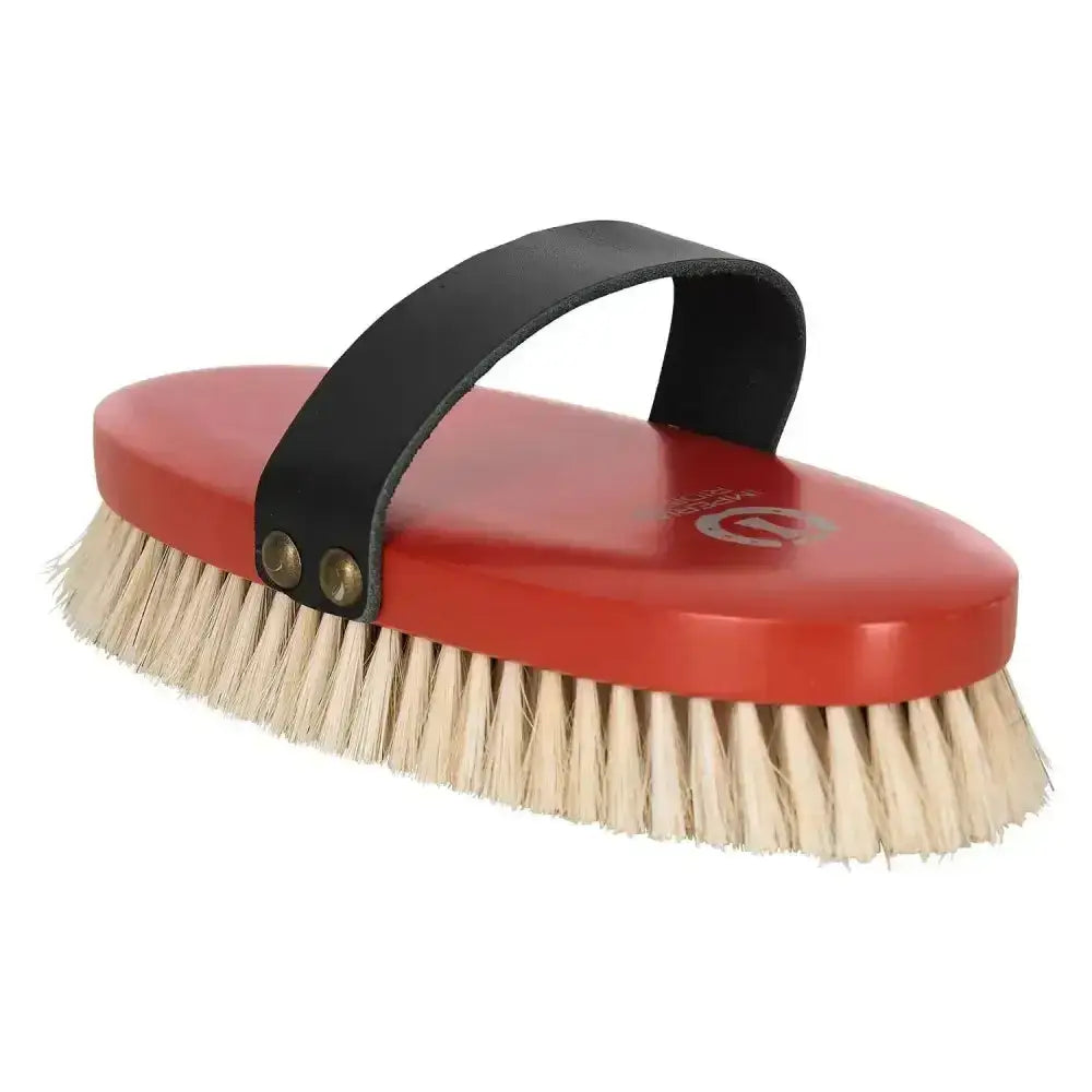 Red horse brush with natural bristles and black leather handle from imperial riding soft brush collection