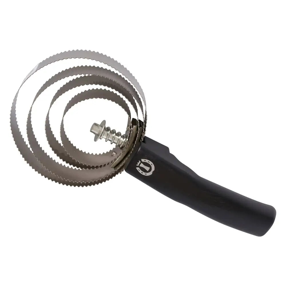 Black-handled imperial riding spring comb with circular saw blade and serrated metal bands for grooming horses