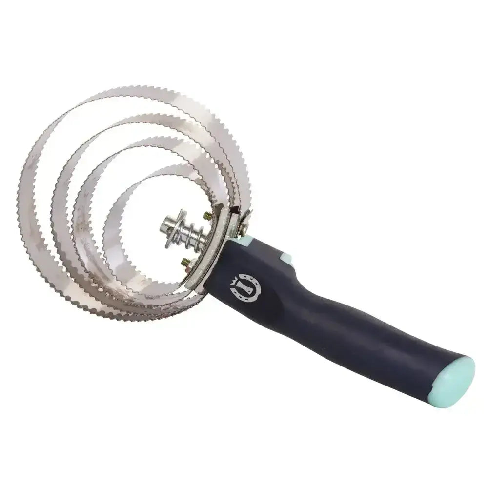Imperial riding spring comb with black handle and three silver serrated cutting rings for grooming horses