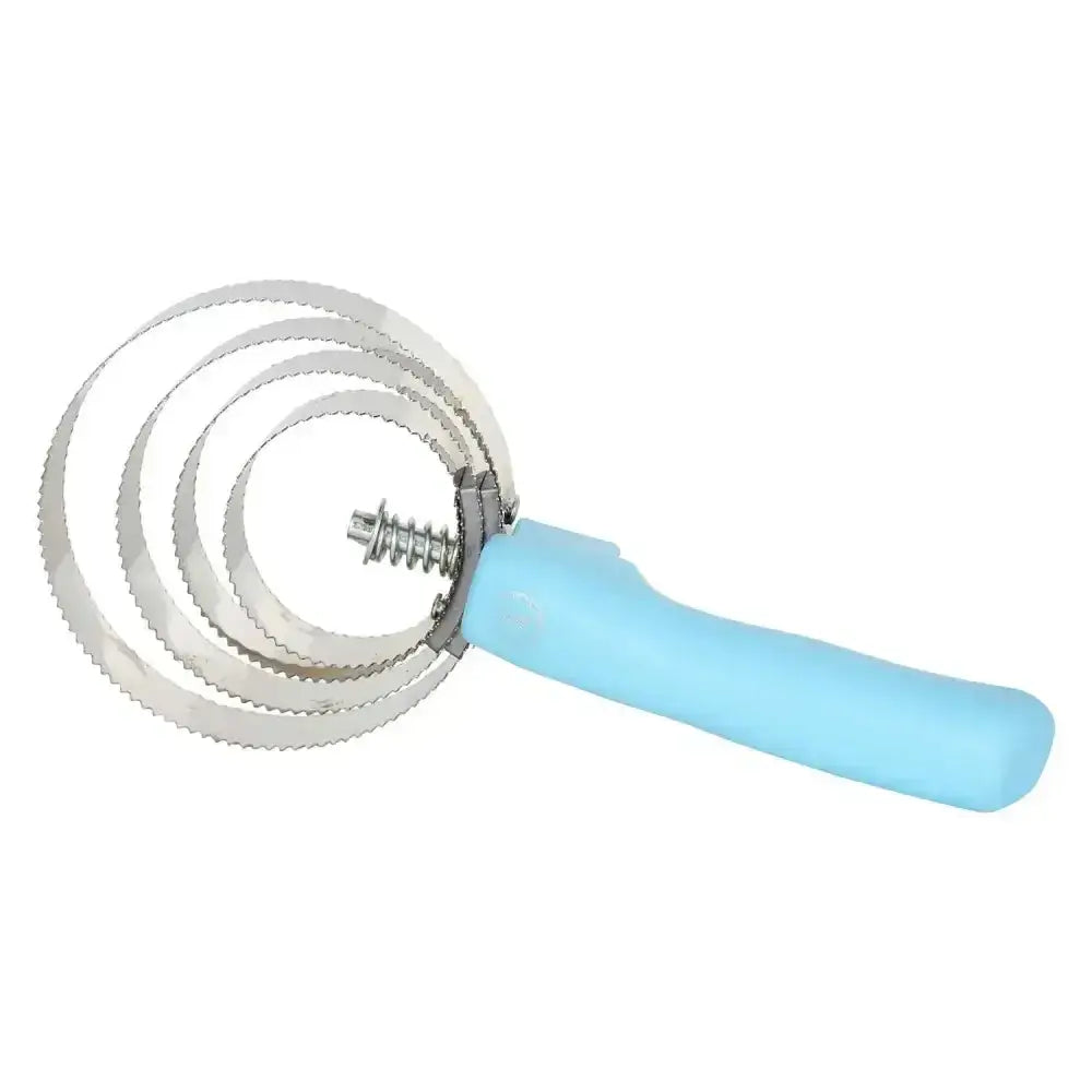Light blue plastic-handled imperial riding spring fruit corer with three serrated metal rings for easy peeling