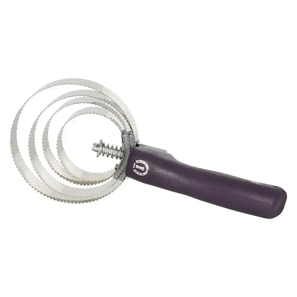 Imperial riding spring comb with purple handle and three serrated metal rings for grooming horse mane and tail