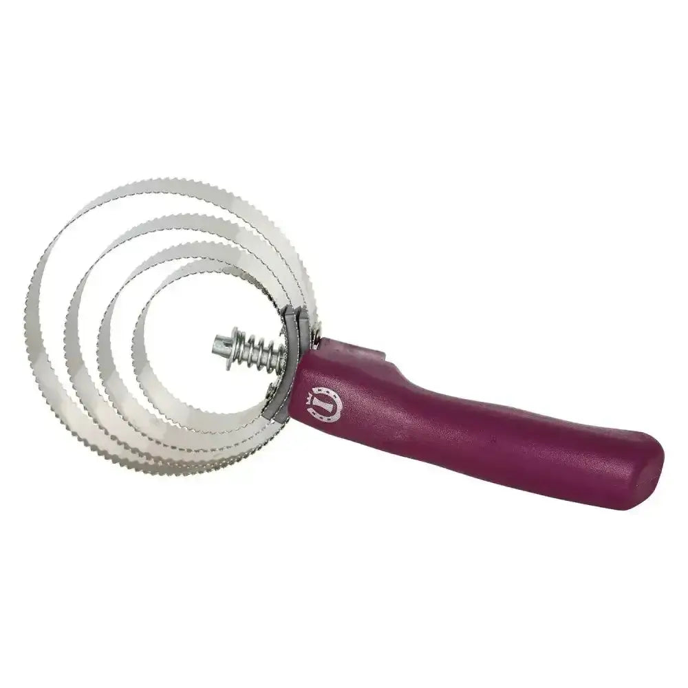 Imperial riding spring curry comb with purple handle and three serrated metal rings perfect for grooming horses