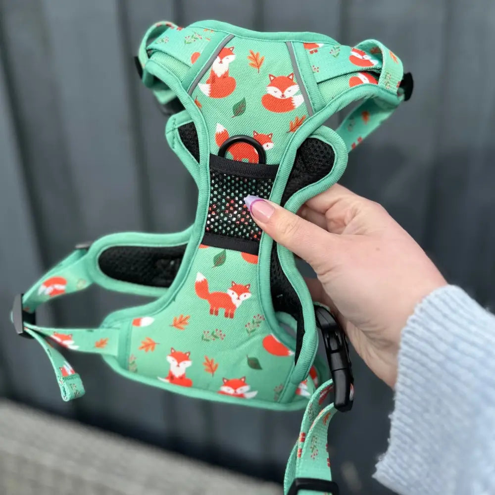 A mint green inquisitive fox tactical pull dog harness with fox print, black mesh padding, and adjustable straps