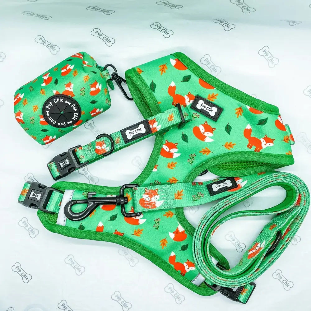 Green fox-themed dog harness set with inquisitive fox poo bag holder and matching leash in vibrant green color