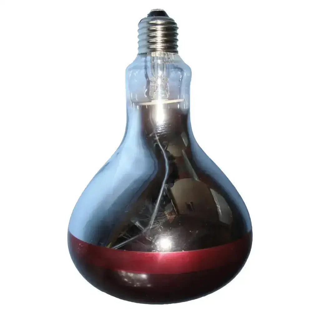 A reflective infra-red heat bulb ruby from intelec hard glass with a metallic silver base and deep red lower band