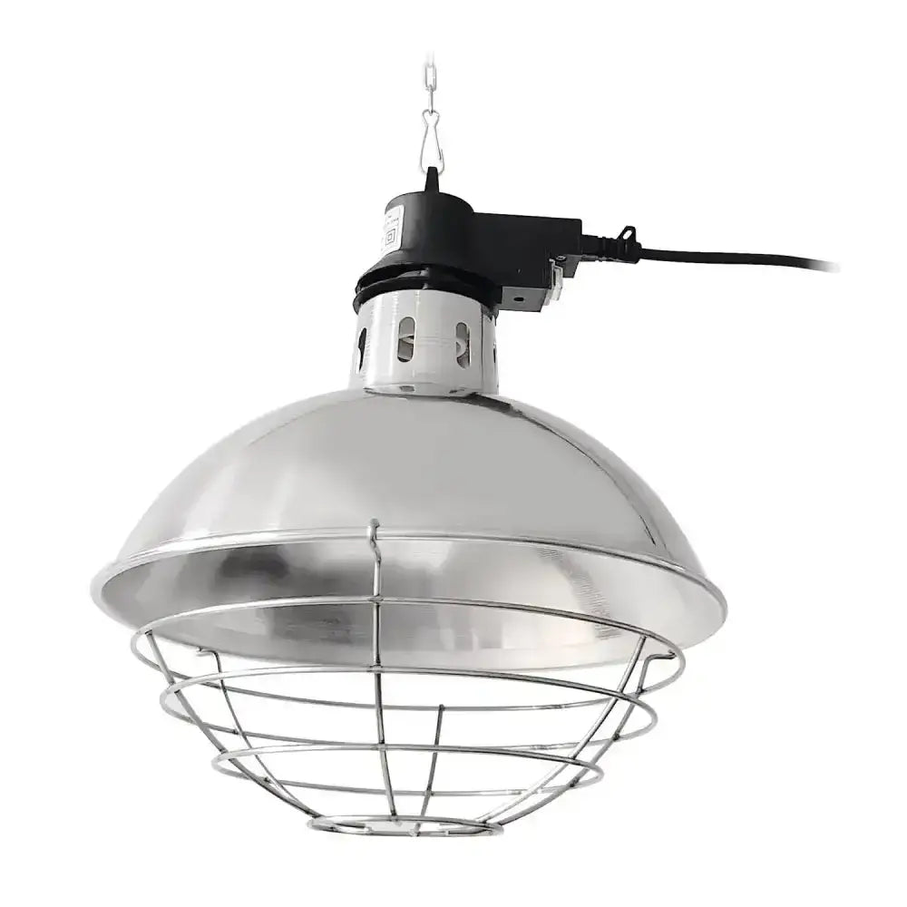 Intelec trad infra-red heat lamp with chromed domed wire guard and black electrical housing on spun aluminium shade