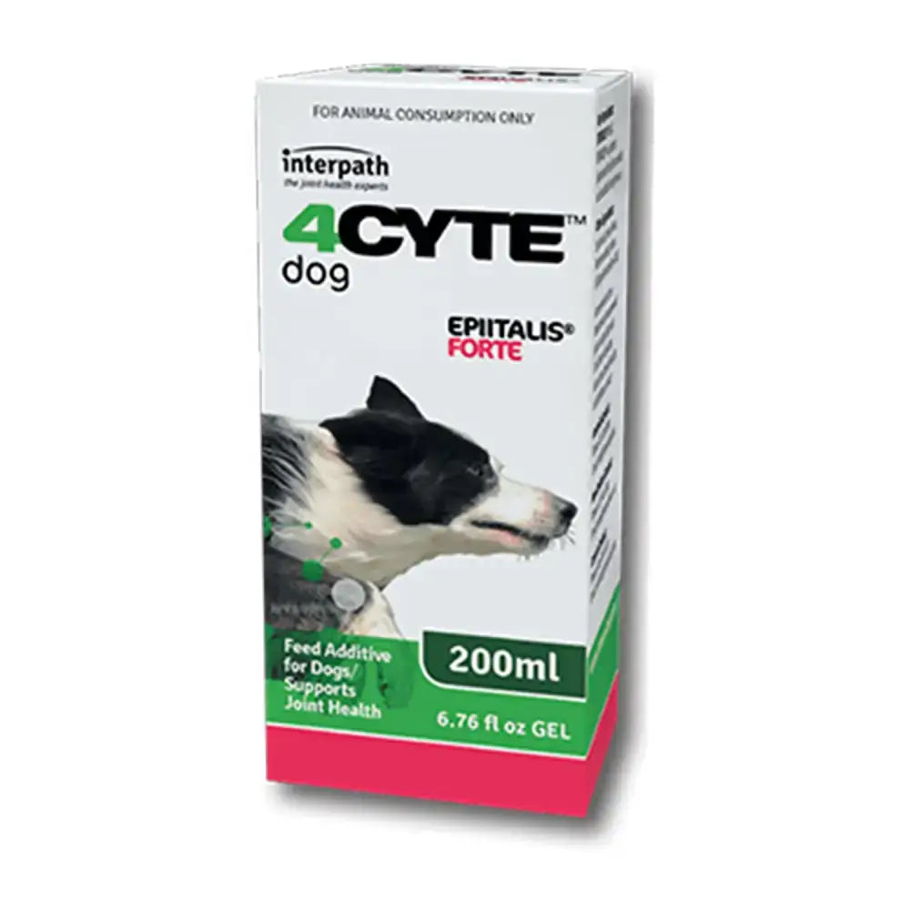 White and pink cardboard box of interpath 4cyte epiitalis forte gel for dogs 200ml joint health feed additive