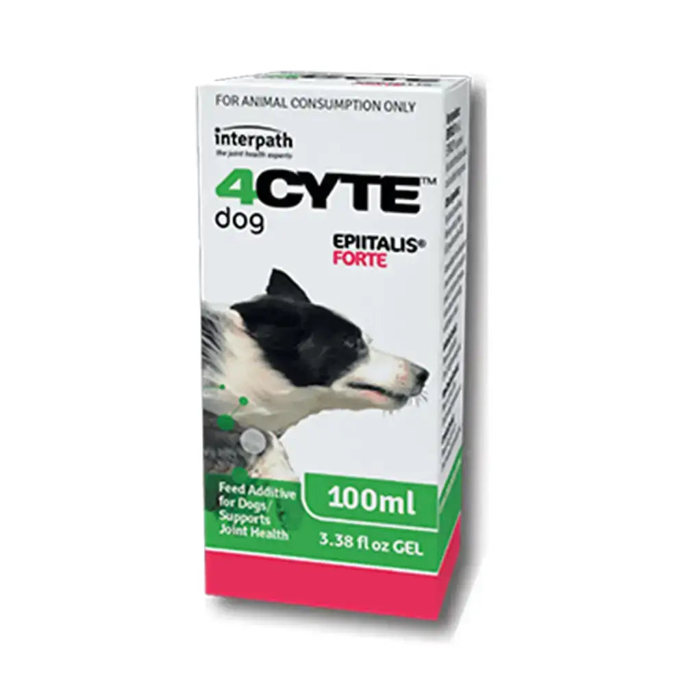 White and pink rectangular box of interpath 4cyte epiitalis forte gel 100ml for dogs joint health supplement