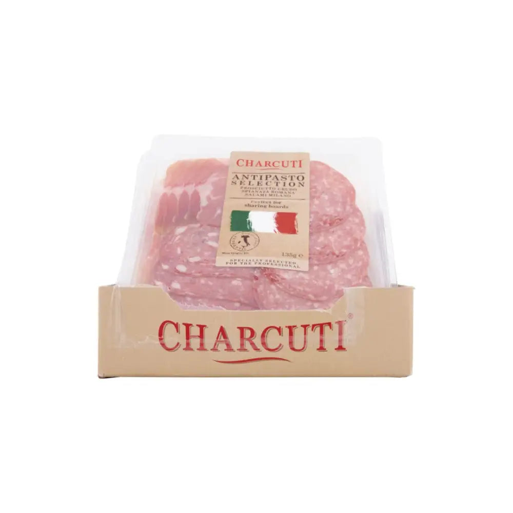 Charcutti italian mixed antipasti featuring sliced cured meats with fat marbling in clear plastic wrap on beige box