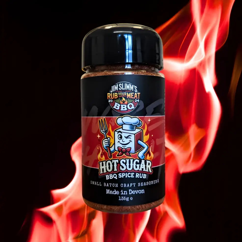A vibrant red and black jar of jim slinn hot sugar bbq spice rub with a cartoon chef for jim slim barbecue seasonings