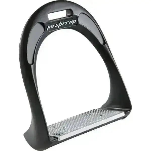 Black plastic jin stirrup with silver metal footplate featuring textured diamond pattern for evol riding stirrups use