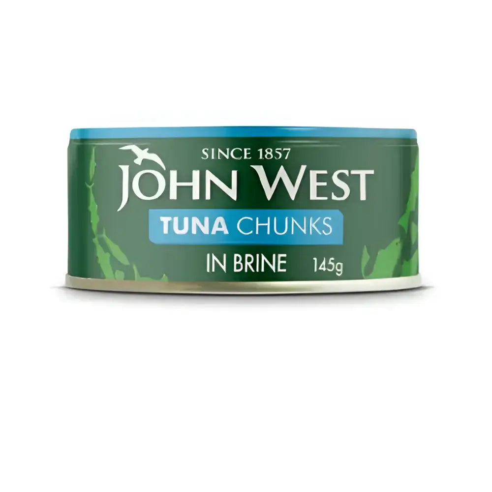 John west tuna chunk brine 145g can with green and blue label perfect for wagon wheels snacks or meals