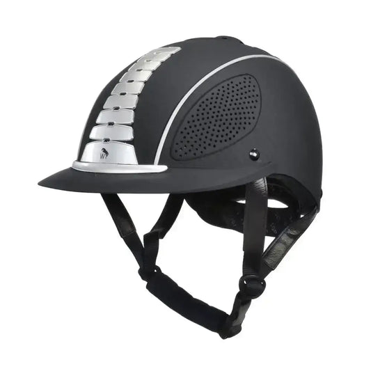 Black john whitaker horizon adjustable riding hat with silver stripe ventilation and black leather straps sei astm f1163-15