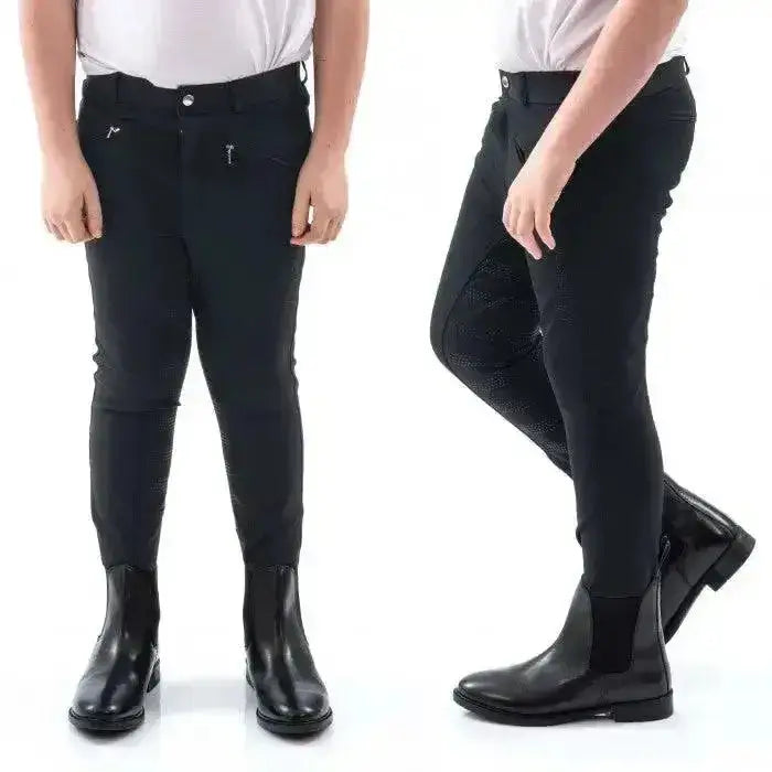 Black john whitaker miami kids breeches with full silicone seat and reinforced knee panels in sleek design