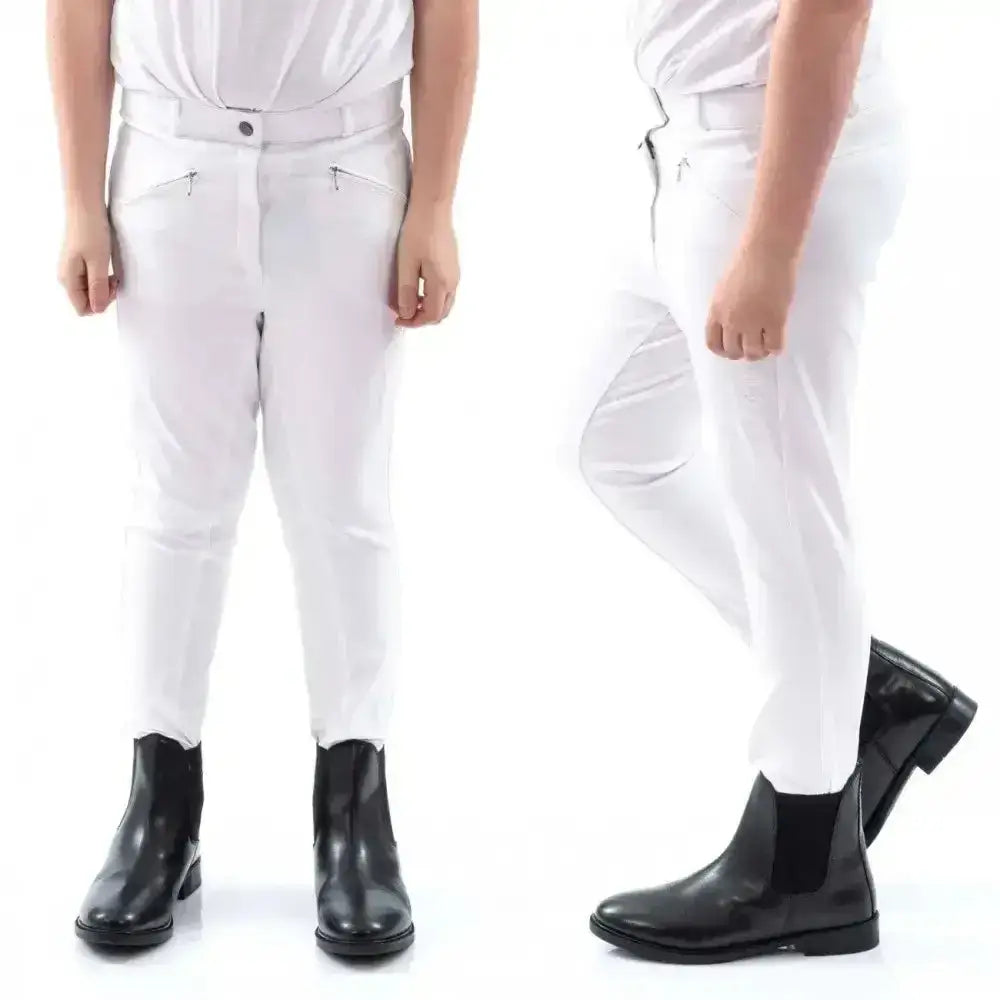 White john whitaker miami kids breeches with full silicone seat and sleek stitching details for riding comfort