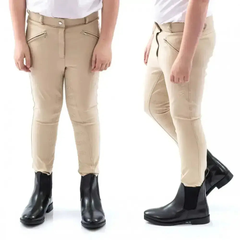 Beige john whitaker miami kids breeches with zippered side pockets and reinforced knee panels for riding comfort