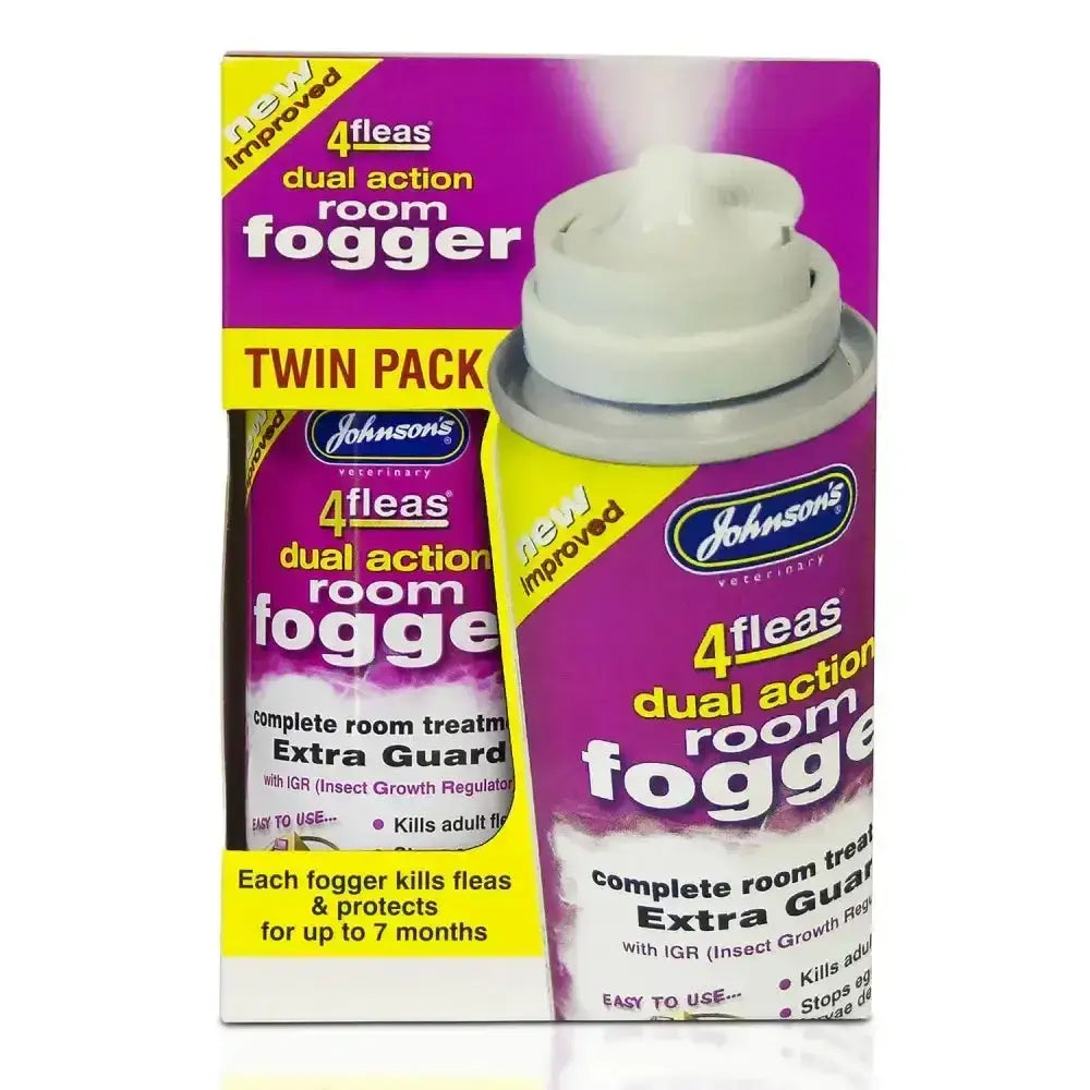 Purple and yellow johnson’s veterinary 4fleas dual action fogger twin pack aerosol cans for pet flea control