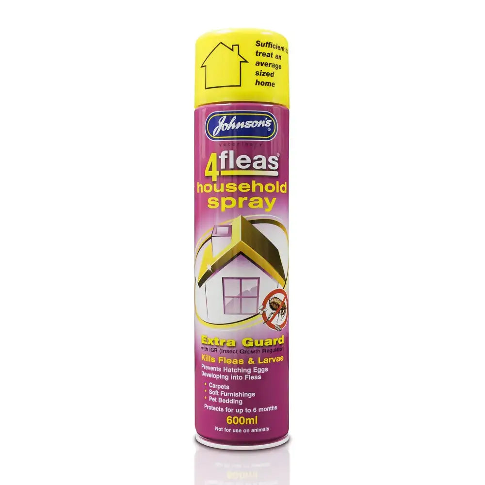 Johnson’s veterinary 4fleas household spray extra guard in purple and yellow can with house graphic on label