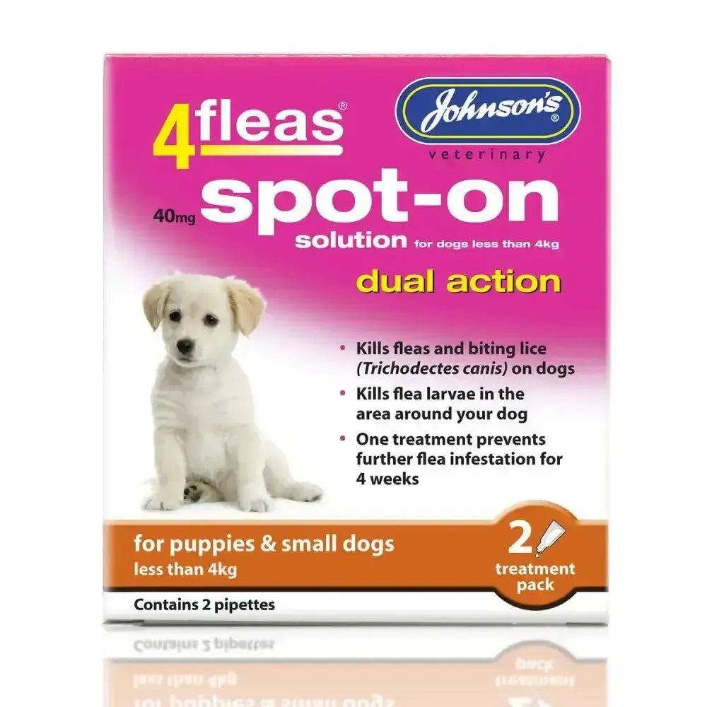 Johnson’s veterinary 4fleas spot-on in pink and orange box with white puppy for puppies fast acting protection under 4kg