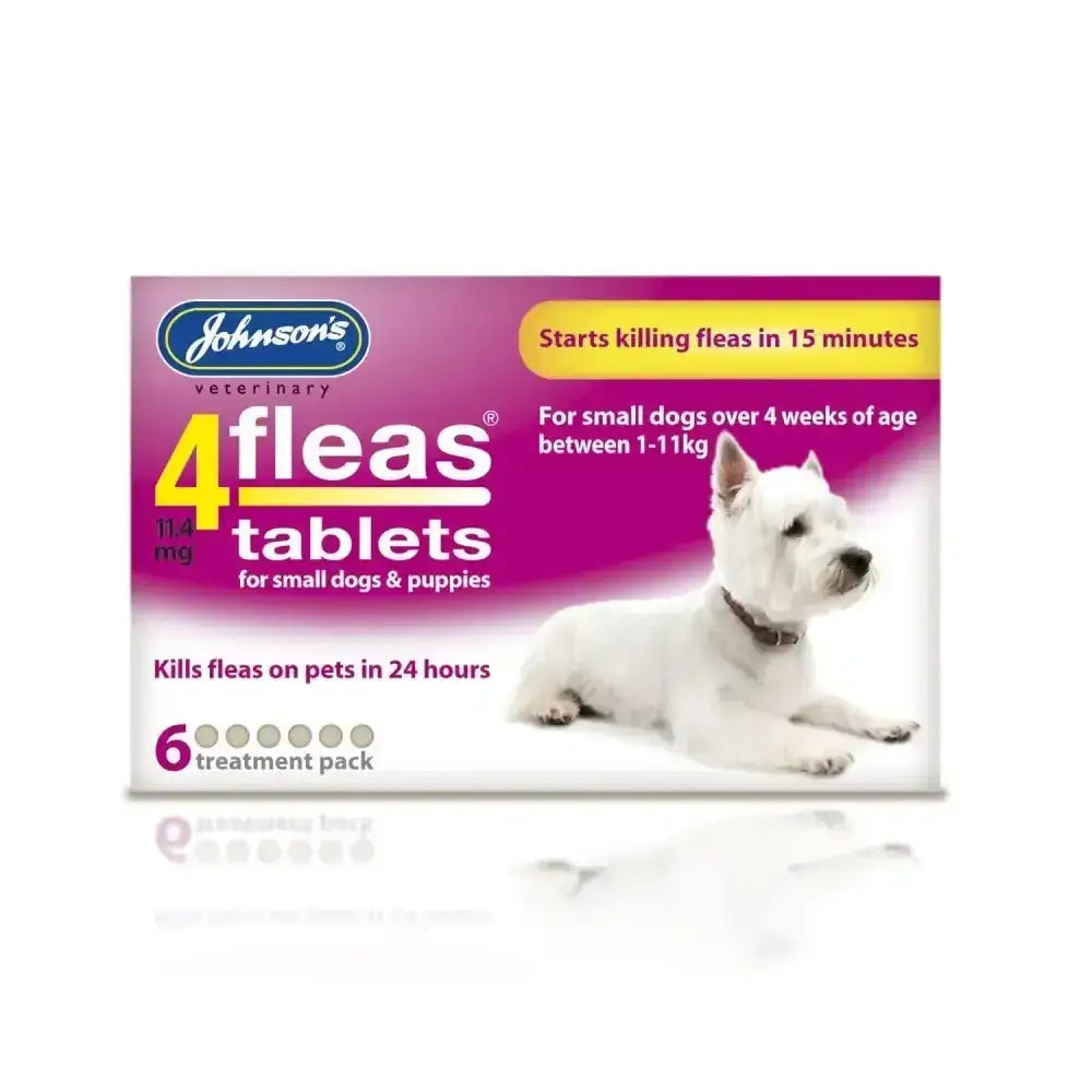 Johnson’s veterinary 4fleas tablets for puppies and small dogs in purple and white pack with white dog image