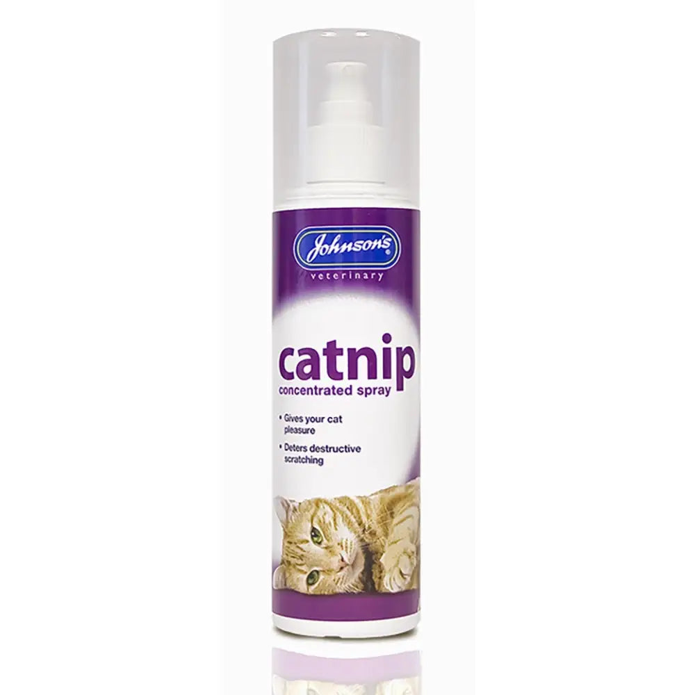 Johnson’s veterinary catnip spray in a white and purple aerosol can with clear cap featuring cat mint scent