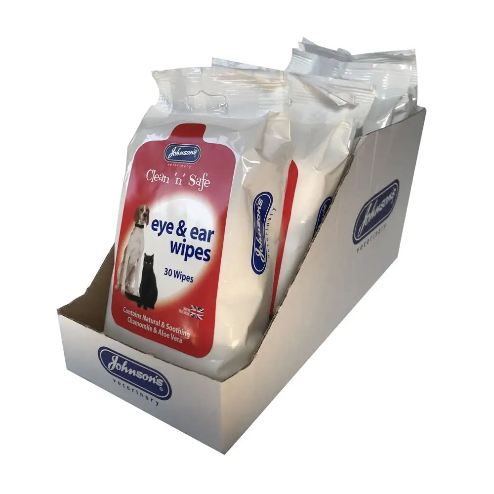 Johnson’s veterinary clean n safe eye and ear wipes in white and red pack with dog and cat images for pet care