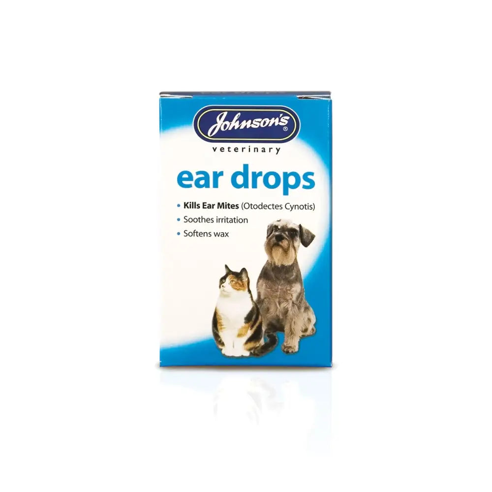 Johnson’s veterinary ear drops in blue and white box with dog and cat images to kill ear mites using natural pyrethrum