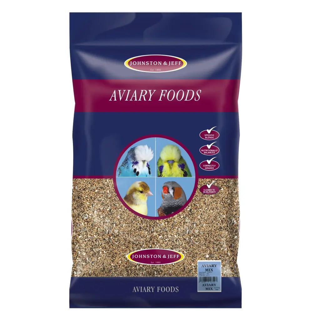Johnston & jeff aviary mixture 12.75k resealable dark blue and maroon bag with golden-brown birdseed pellets for mixed aviaries