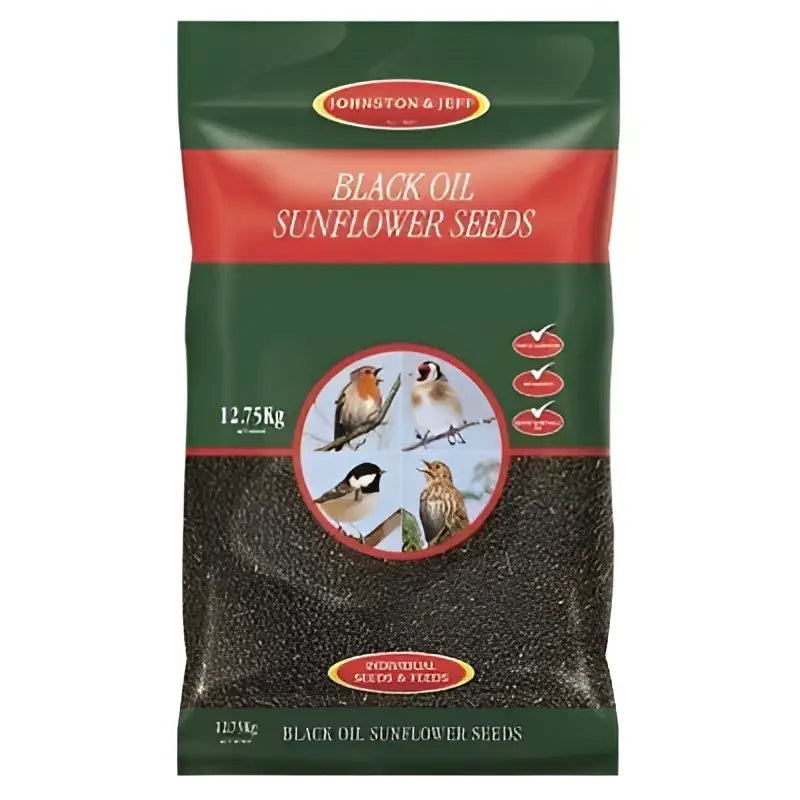 A 12.75kg bag of johnston and jeff black oil sunflower seeds in green and red pouch with bird illustration