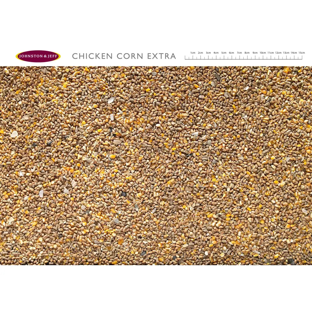 Johnston & jeff chicken corn extra 5 kg shows golden and brown pellets with bits of corn and oyster shell grit mix