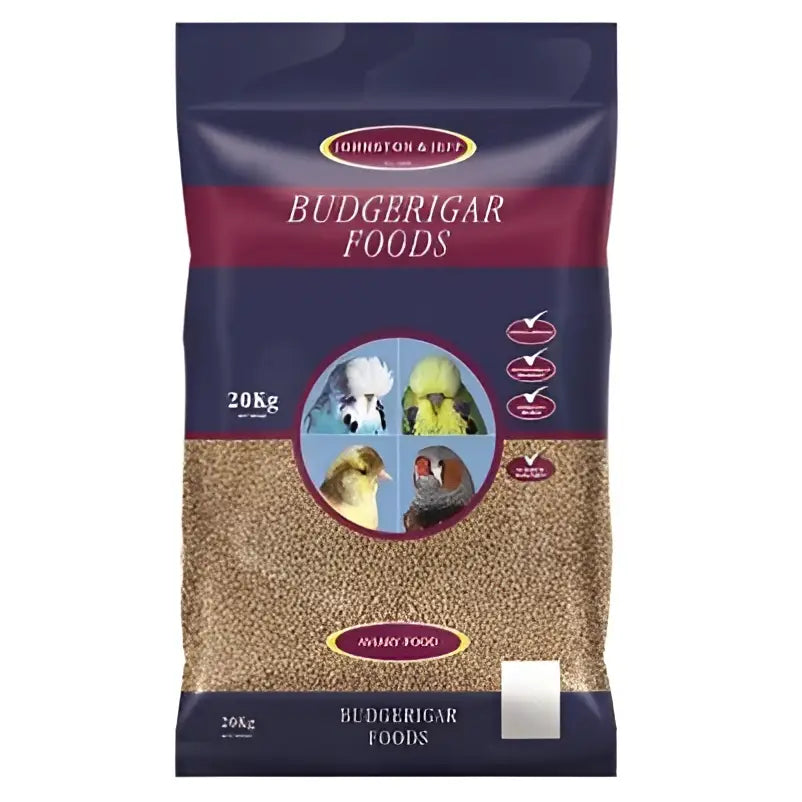 Johnston and jeff expert budgie seed 20kg bag with dark blue and maroon packaging filled with brown granular food