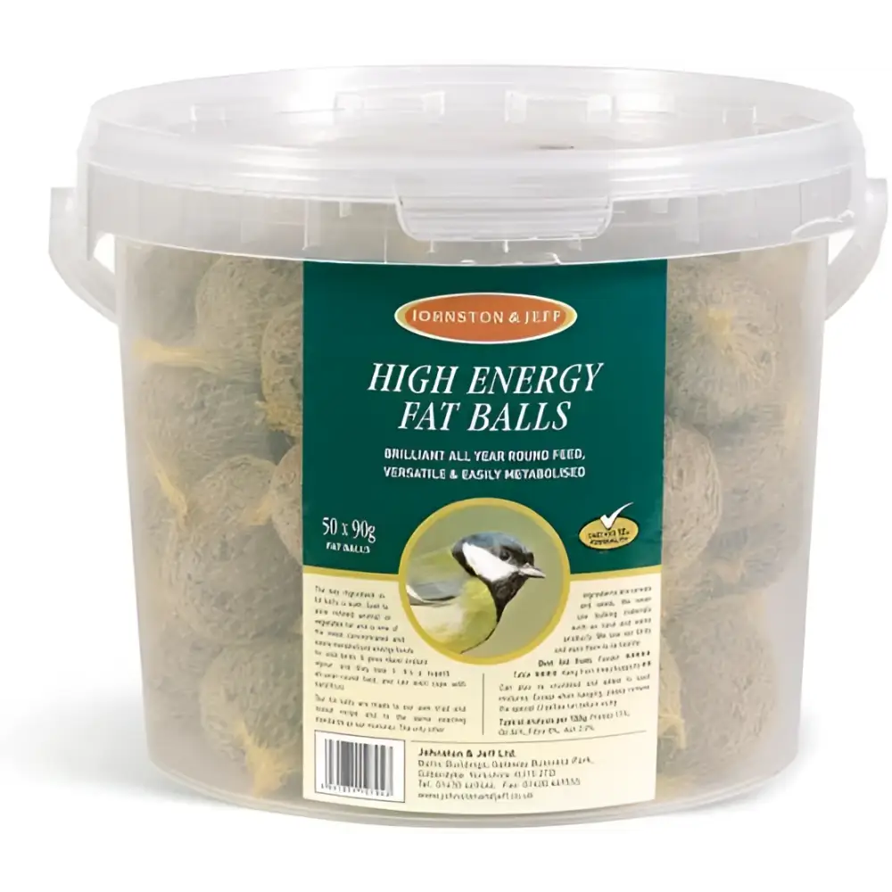 Johnston and jeff fatballs bucket tub with 50 high energy fatballs 90g each in clear plastic container with handle