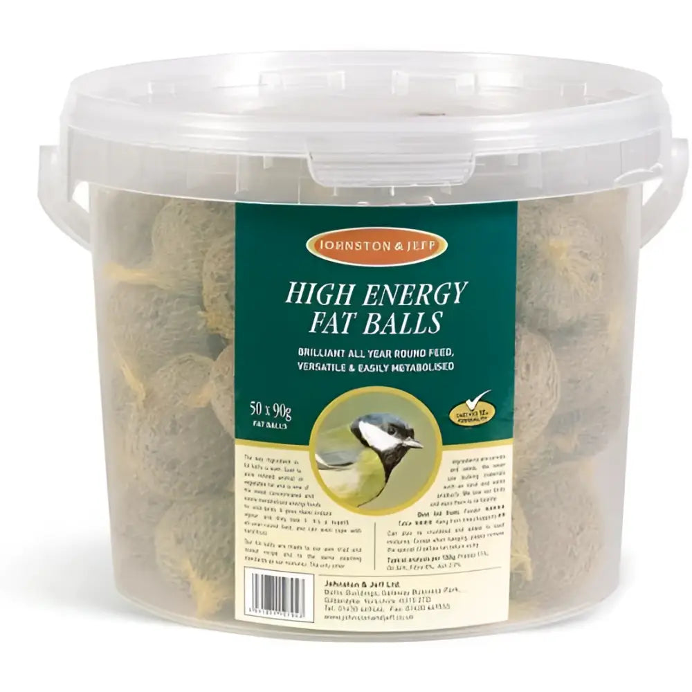 Johnston and jeff fatballs bucket clear plastic tub with handle holding 50 high energy fatballs 90g each fatballs bucket