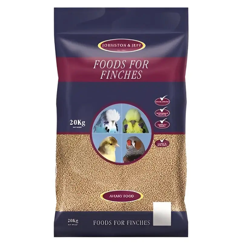 Johnston & jeff foreign finch seed 20 kg bag with dark blue and maroon packaging featuring colorful birds finch seed