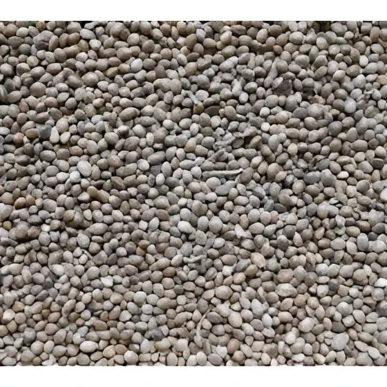 Gray round pebbles with rough texture featured on the back side of johnston & jeff hemp seed 12.5kg packaging