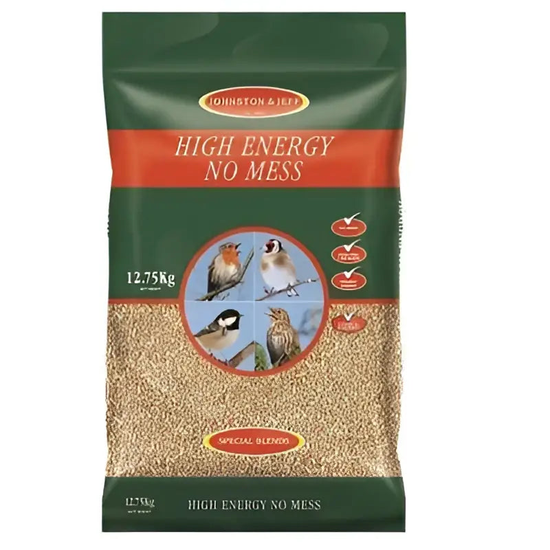 Johnston & jeff high energy no mess birdseed bag with green and red packaging featuring wild birds and suet pellets